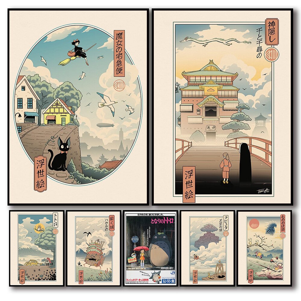Aesthetics Totoro Ponyo Cat Canvas Painting Intage Anime Ghibli Studio Wall Posters Room Decor Wall Art 1 - Studio Ghibli Merch