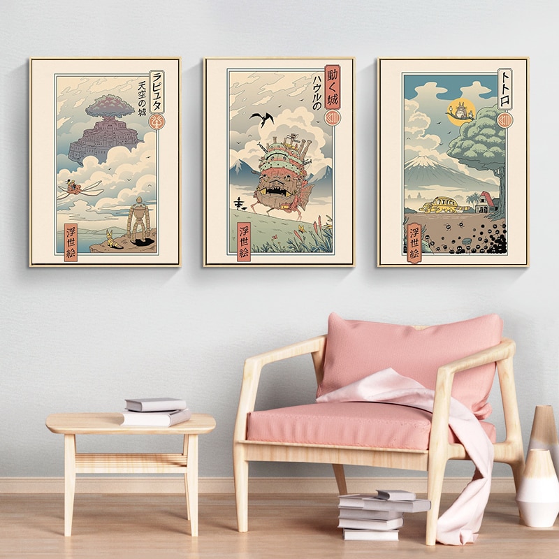 Aesthetics Totoro Ponyo Cat Canvas Painting Intage Anime Ghibli Studio Wall Posters Room Decor Wall Art - Studio Ghibli Merch